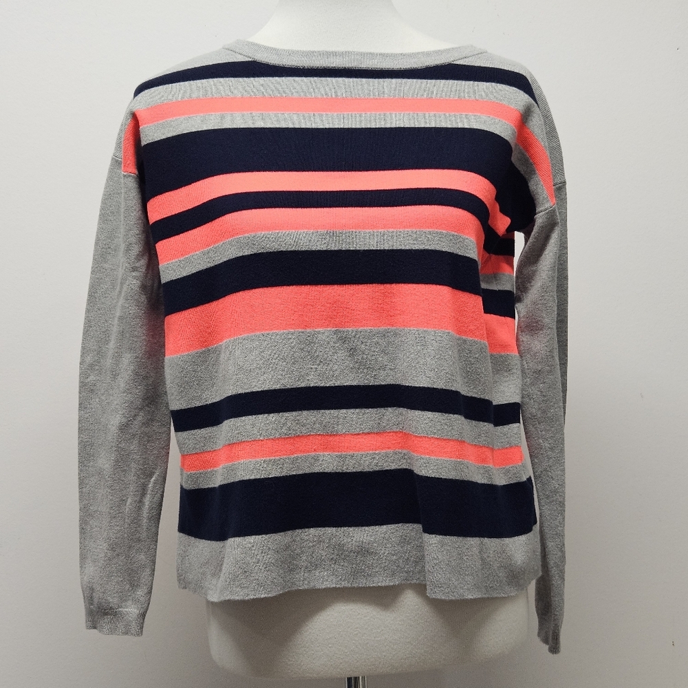 KAREN MILLEN Top Bold Neon Stripe Jumper Size 2 XS Zip Closure Back Sweater Boho